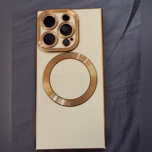 iPhone 15 pro white square case with rose gold